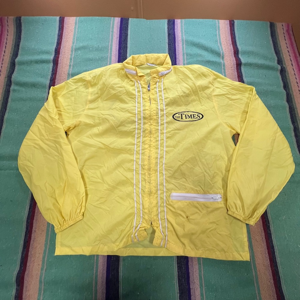 Vintage The Times Windbreaker Mens Medium Yellow Nylon Newspaper Jacket 80s